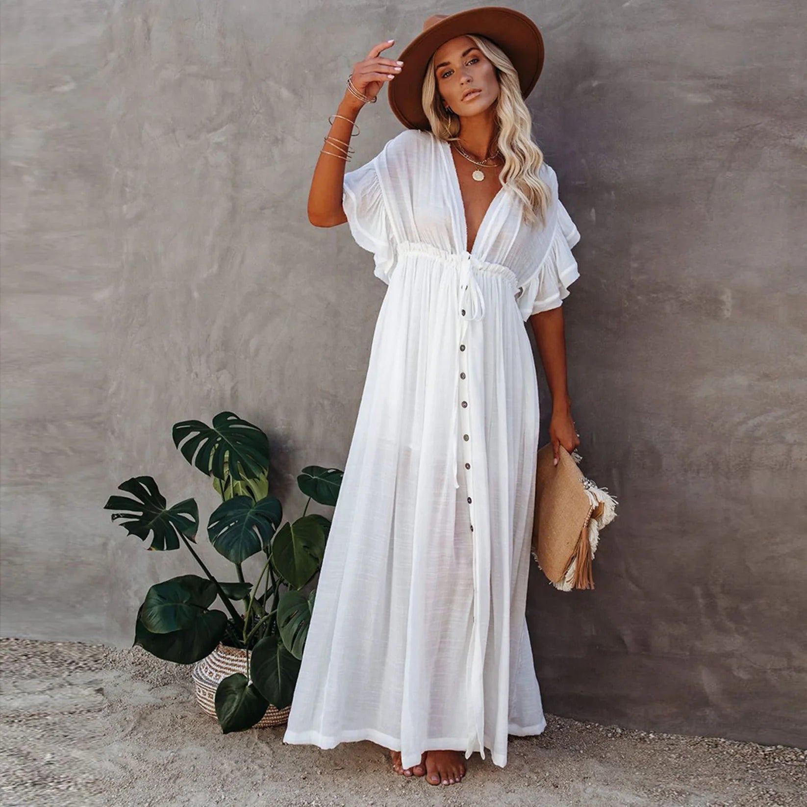 white flowy beach dress Plunging Maxi Beach Dress