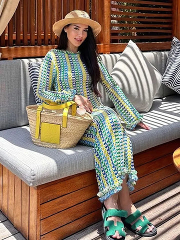 Long Sleeve Striped Knitted Long Dress