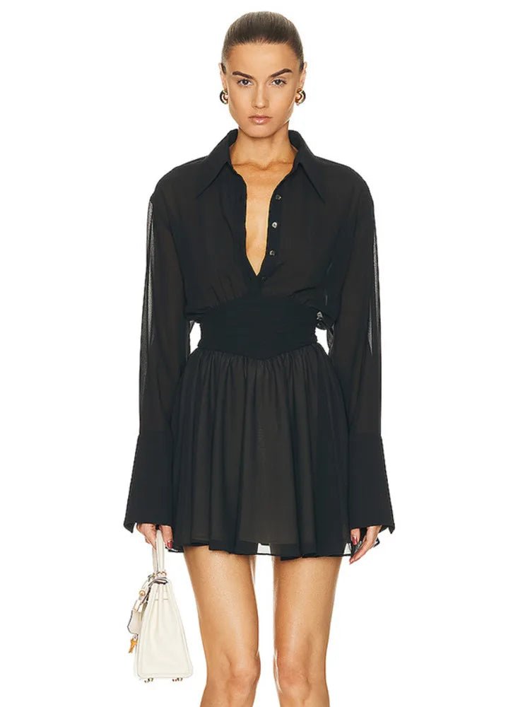Chiffon Turndown Collar Mini Dress - LUVVITT Fashion