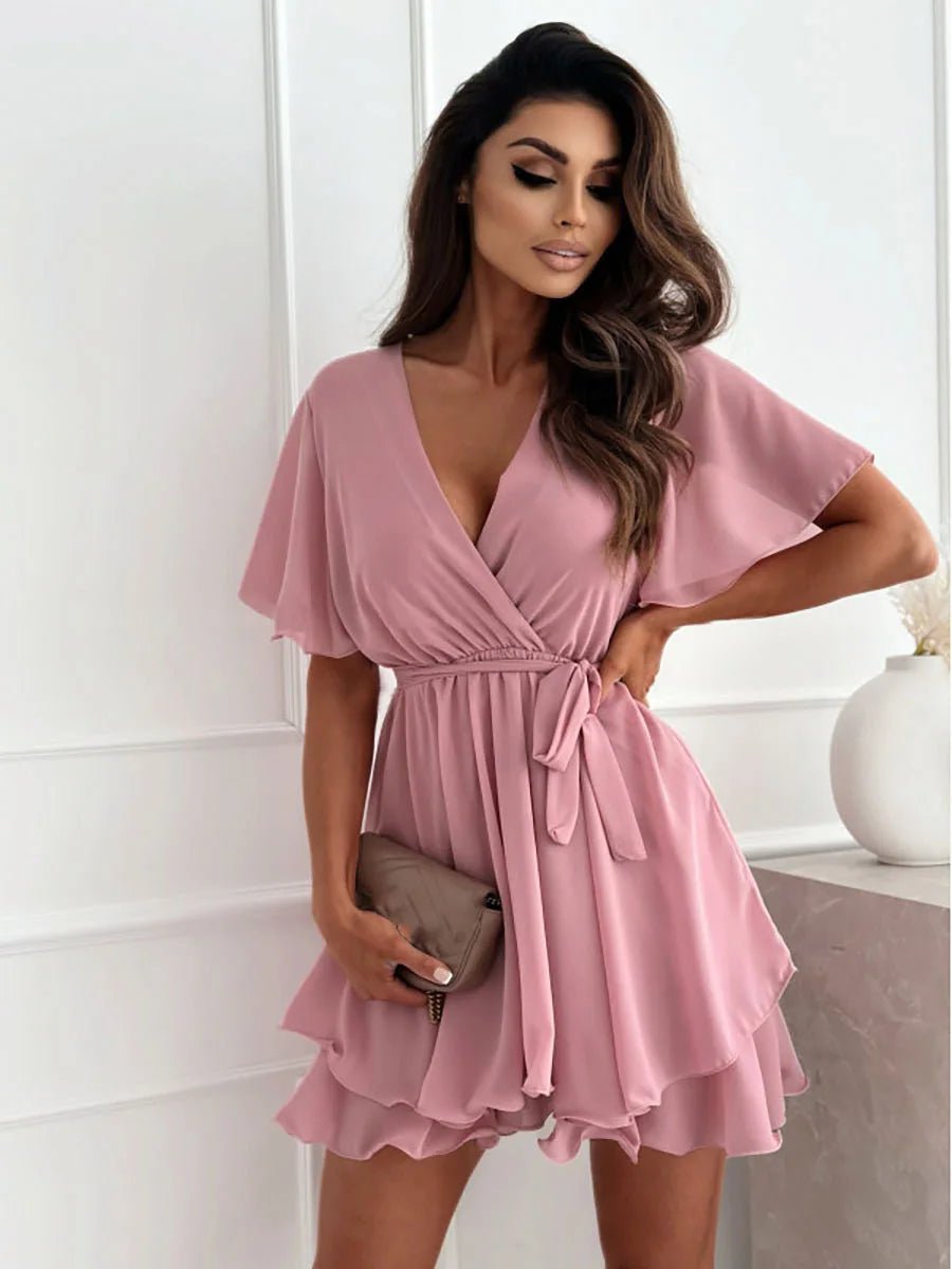 Chiffon V-Neck Mini Dress - LUVVITT Fashion