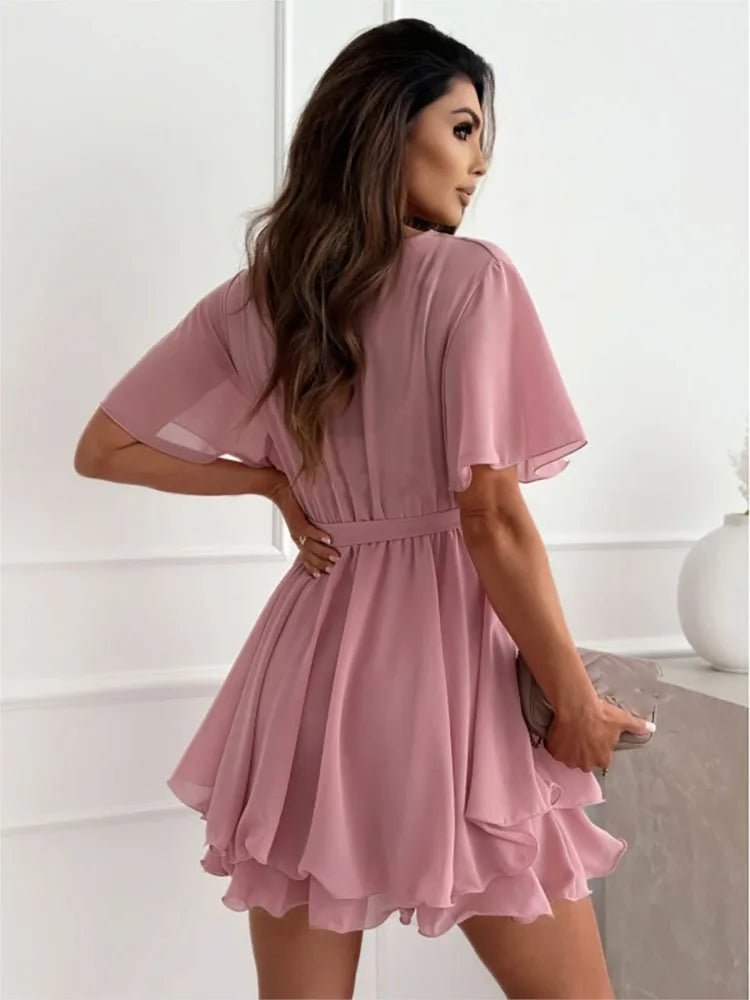 Chiffon V-Neck Mini Dress - LUVVITT Fashion