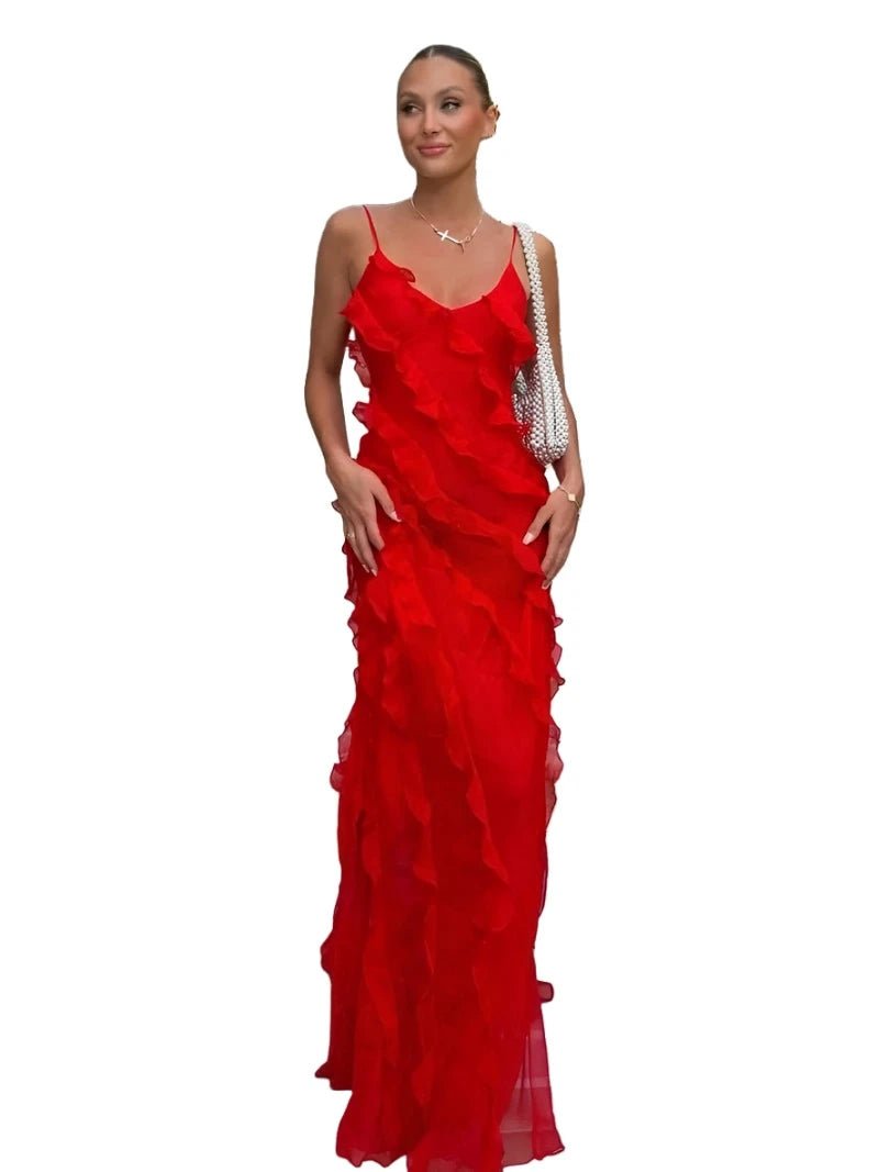 love lies chiffon dress in red Red Chiffon V-neck Floor-Length Slit A-line Prom Dress