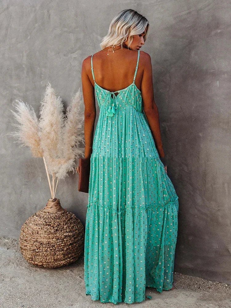 Green V-Neck Maxi Dress - LUVVITT Fashion