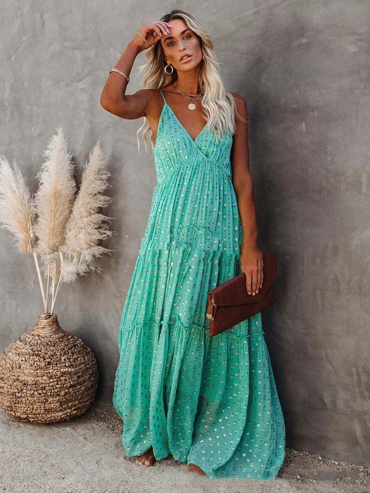 Green V-Neck Maxi Dress - LUVVITT Fashion