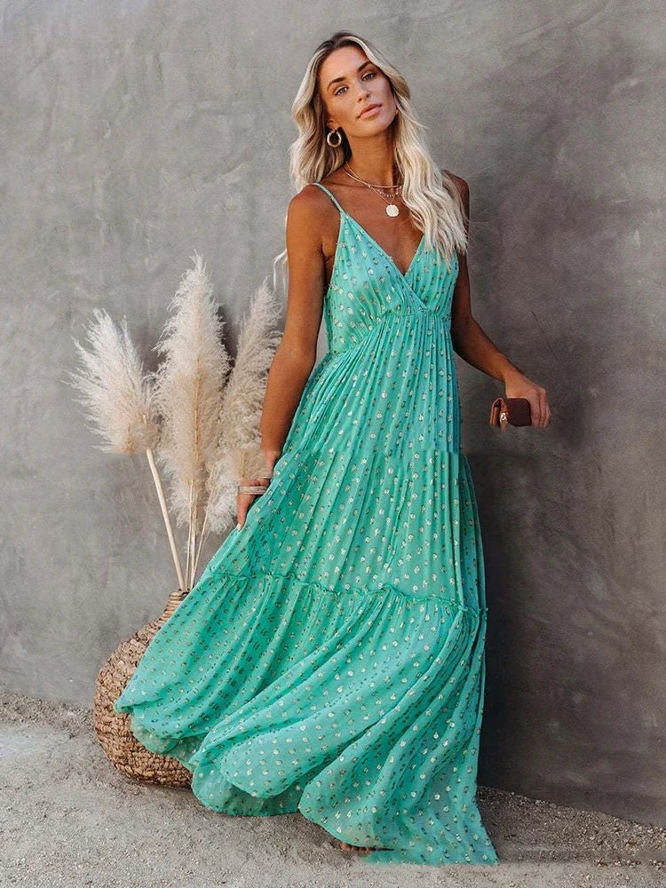 Green V-Neck Maxi Dress - LUVVITT Fashion