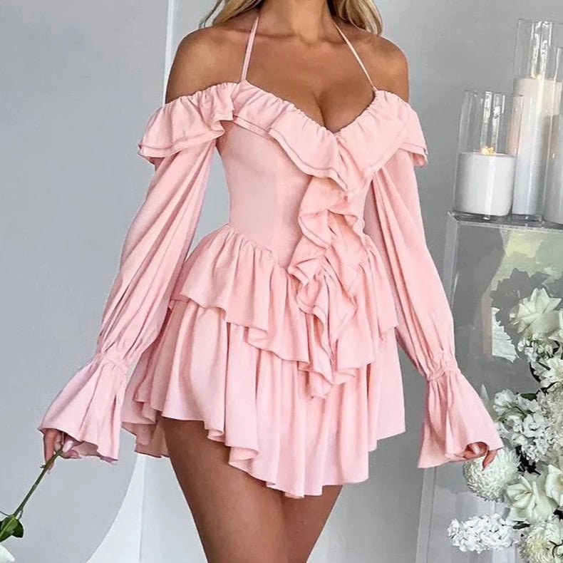 Halter Ruffle Flare Mini Dress - LUVVITT Fashion
