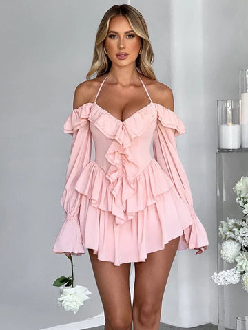 Halter Ruffle Flare Mini Dress - LUVVITT Fashion